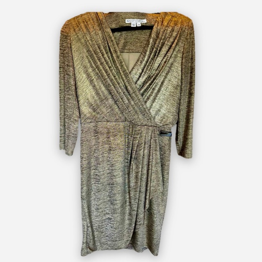 Maggy London metallic faux wrap midi dress with metal waist detail size 10. New